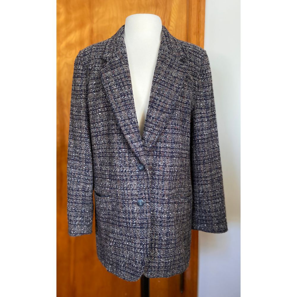 90s Liz Wear 12 Petite Wool Tweed Plaid Blazer Sport Coat Jacket Gray Navy Brown